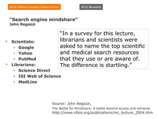 “Search engine mindshare”
    John Regazzi

                         “In a survey for this lecture,
   Scientists:          librarians and scientists were
     • Google            asked to name the top scientific
     • Yahoo             and medical search resources
     • PubMed            that they use or are aware of.
   Librarians:          The difference is startling.”
     • Science Direct
     • ISI Web of Science
     • MedLine




                     Source: John Regazzi,
                     The Battle for Mindshare: A battle beyond access and retrieval
                     http://www.nfais.org/publications/mc_lecture_2004.htm
 