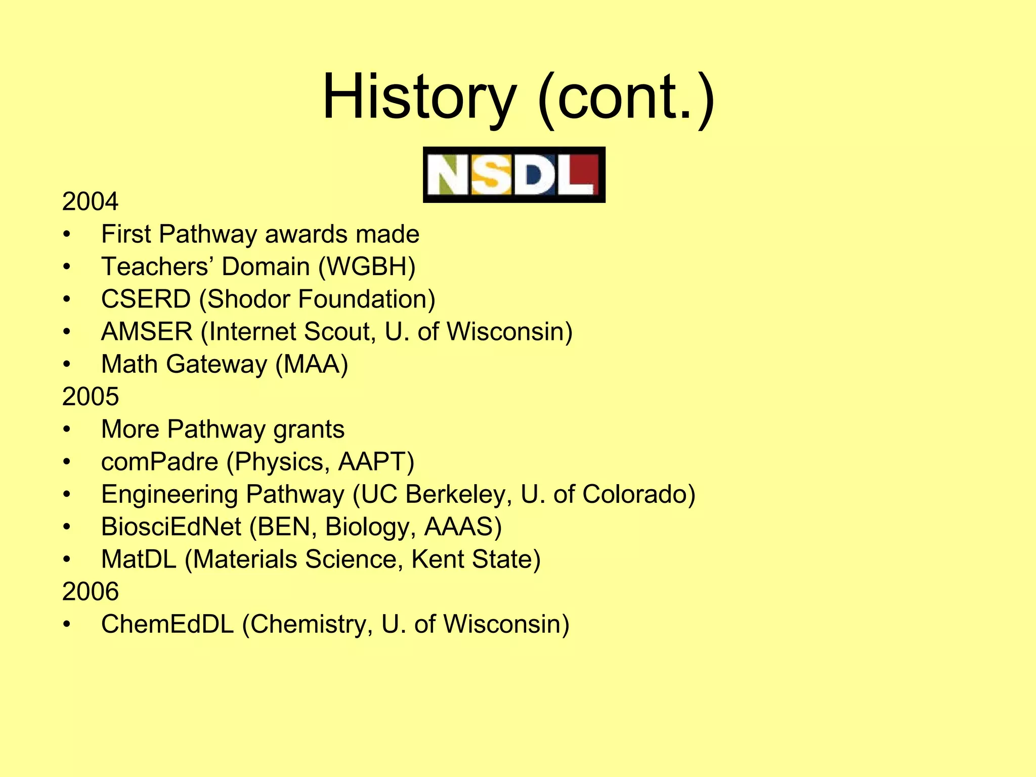 History (cont.) 2004 First Pathway awards made Teachers’ Domain (WGBH) CSERD (Shodor Foundation) AMSER (Internet Scout, U. of Wisconsin) Math Gateway (MAA) 2005 More Pathway grants comPadre (Physics, AAPT) Engineering Pathway (UC Berkeley, U. of Colorado) BiosciEdNet (BEN, Biology, AAAS) MatDL (Materials Science, Kent State) 2006 ChemEdDL (Chemistry, U. of Wisconsin) 