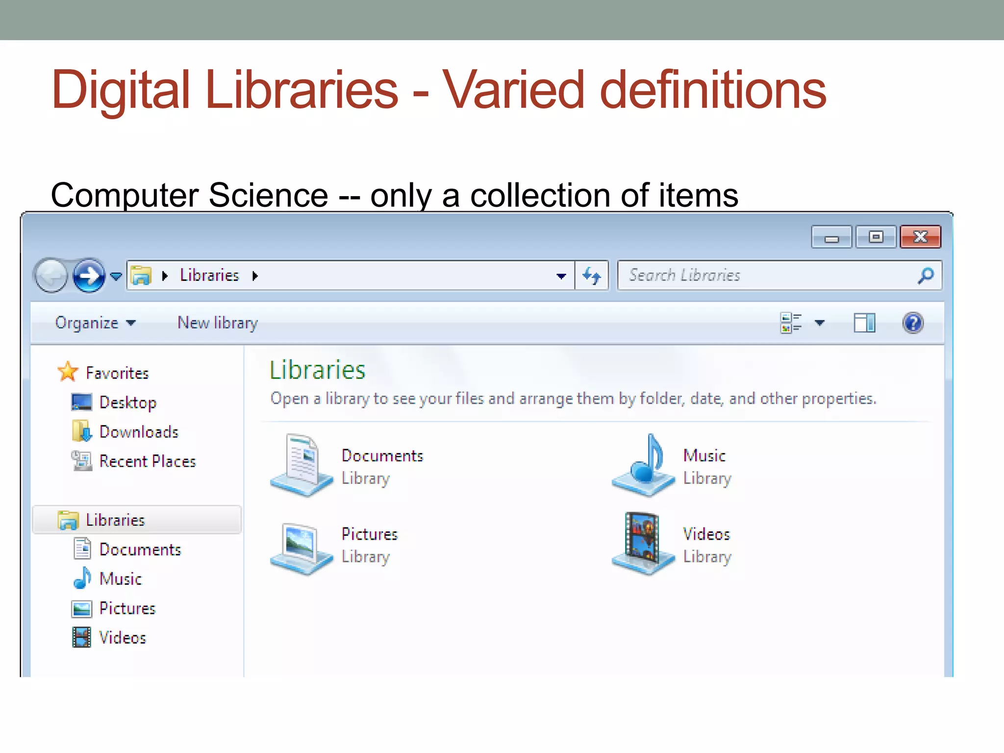 Digital Libraries - Varied definitions
Computer Science -- only a collection of items
 