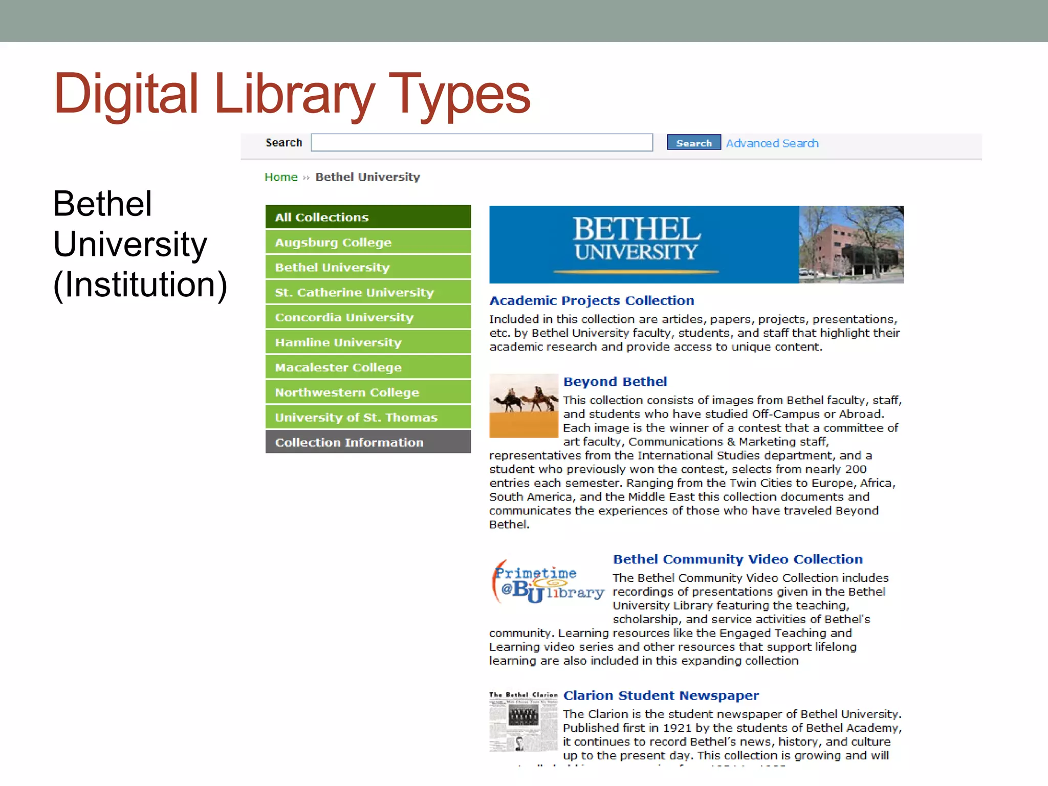Digital Library Types
Bethel
University
(Institution)
 