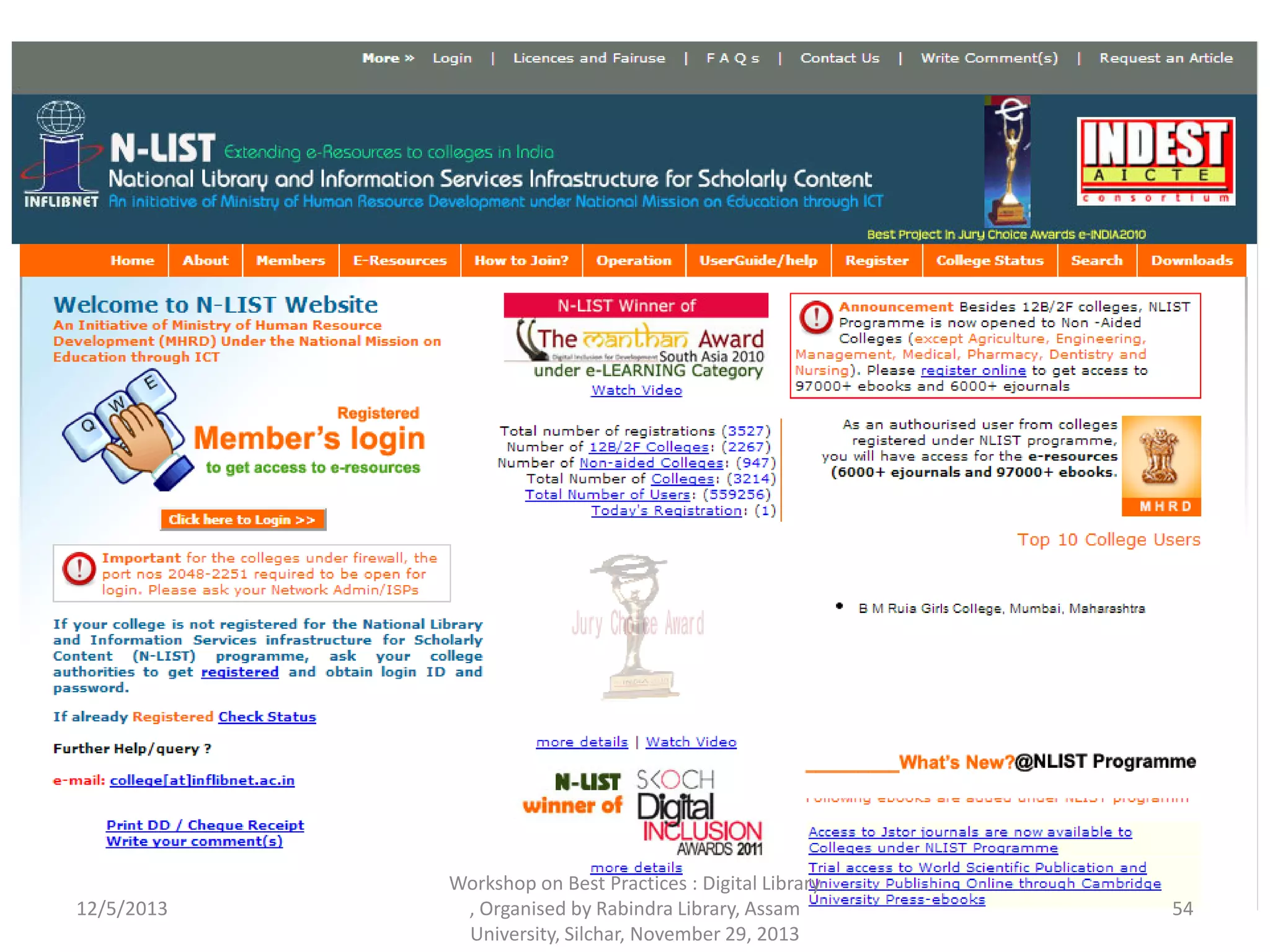 12/5/2013
Workshop on Best Practices : Digital Library
, Organised by Rabindra Library, Assam
University, Silchar, November 29, 2013
54
 