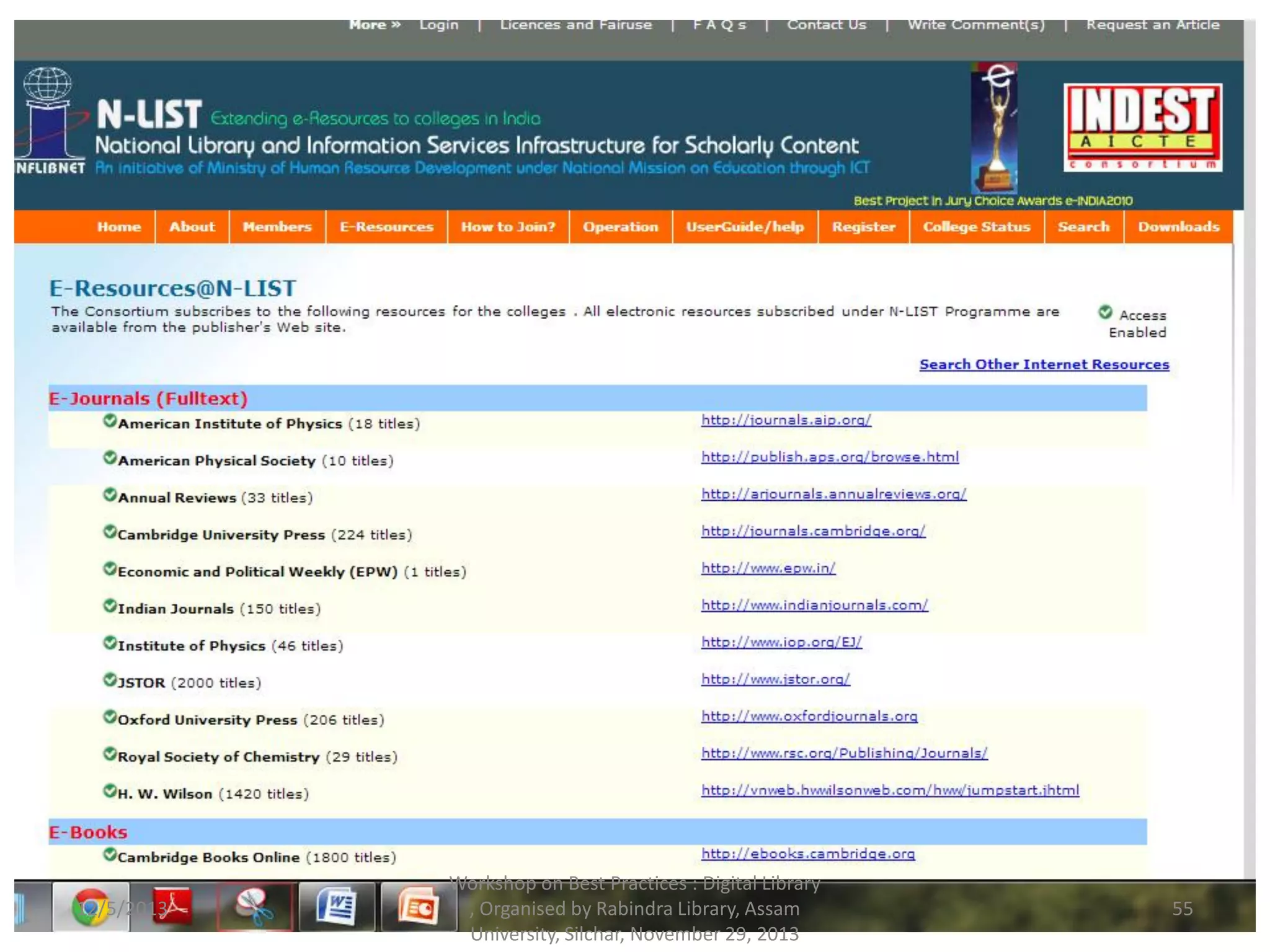12/5/2013
Workshop on Best Practices : Digital Library
, Organised by Rabindra Library, Assam
University, Silchar, November 29, 2013
55
 