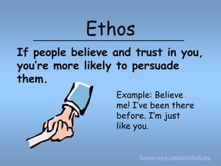 EthosIf people believe and trust in you, you’re more likely to persuade them.Example: Believe me! I’ve been there before. I’m just like you.Source:www.readwritethink.org