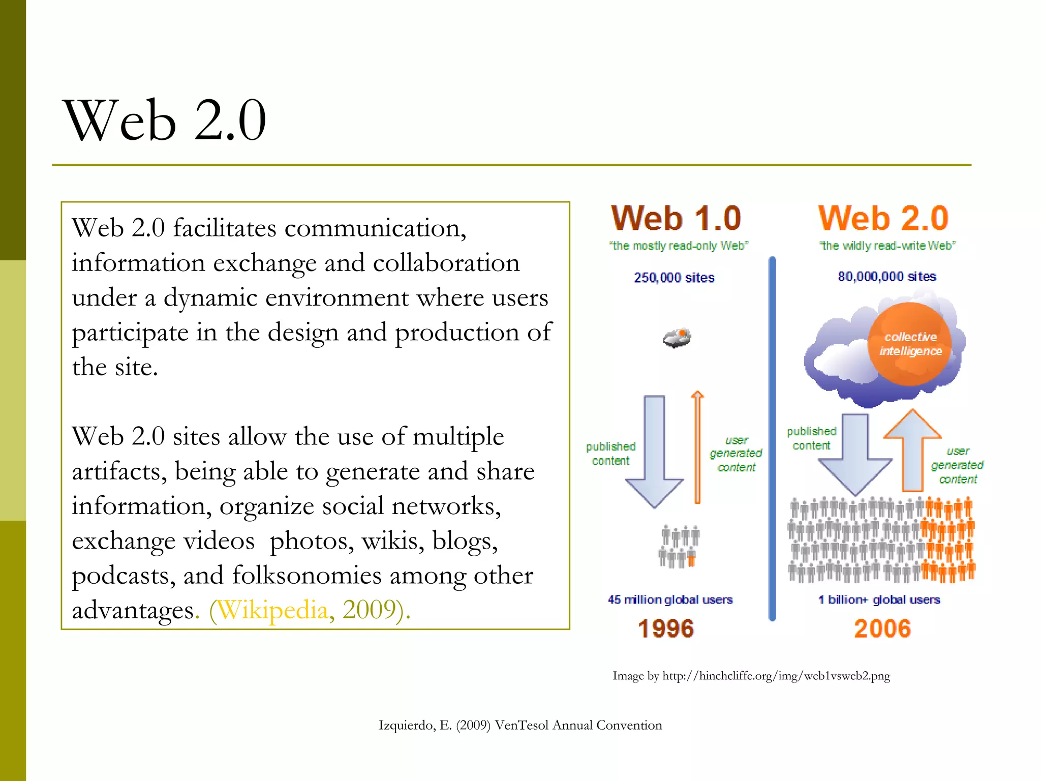 Web 2.0 Web 2.0 facilitates communication, information exchange and collaboration under a dynamic environment where users participate in the design and production of the site. Web 2.0 sites allow the use of multiple artifacts, being able to generate and share information, organize social networks, exchange videos  photos, wikis, blogs, podcasts, and folksonomies among other advantages . ( Wikipedia , 2009 ).   