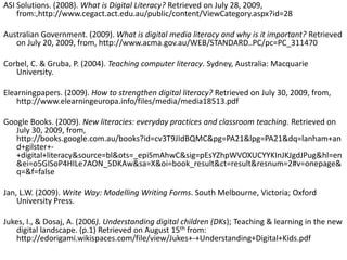 ASI Solutions. (2008). What is Digital Literacy? Retrieved on July 28, 2009, from:,http://www.cegact.act.edu.au/public/content/ViewCategory.aspx?id=28Australian Government. (2009). What is digital media literacy and why is it important? Retrieved on July 20, 2009, from, http://www.acma.gov.au/WEB/STANDARD..PC/pc=PC_311470Corbel, C. & Gruba, P. (2004). Teaching computer literacy. Sydney, Australia: Macquarie University. Elearningpapers. (2009). How to strengthen digital literacy? Retrieved on July 30, 2009, from, http://www.elearningeuropa.info/files/media/media18513.pdf Google Books. (2009). New literacies: everyday practices and classroom teaching. Retrieved on July 30, 2009, from, http://books.google.com.au/books?id=cv3T9JIdBQMC&pg=PA21&lpg=PA21&dq=lanham+and+gilster+-+digital+literacy&source=bl&ots=_epiSmAhwC&sig=pEsYZhpWVOXUCYYKInJKJgdJPug&hl=en&ei=o5GISoP4HILe7AON_5DKAw&sa=X&oi=book_result&ct=result&resnum=2#v=onepage&q=&f=falseJan, L.W. (2009). Write Way: Modelling Writing Forms. South Melbourne, Victoria; Oxford University Press. Jukes, I., & Dosaj, A. (2006). Understanding digital children (DKs); Teaching & learning in the new digital landscape. (p.1) Retrieved on August 15th from: http://edorigami.wikispaces.com/file/view/Jukes+-+Understanding+Digital+Kids.pdf 