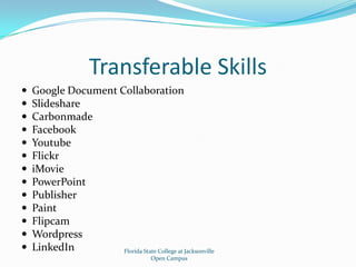 Transferable SkillsGoogle Document CollaborationSlideshareCarbonmadeFacebookYoutubeFlickriMoviePowerPointPublisherPaintFlipcamWordpressLinkedInFlorida State College at JacksonvilleOpen Campus