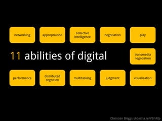 collective
 networking   appropriation                  negotiation            play
                              intelligence




11 abilities of digital                                          transmedia
                                                                 negotiation




               distributed
performance                   multitasking   judgment           visualization
                cognition




                                                Christian Briggs slidesha.re/VBhRfp
 