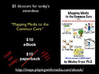 $5 discount for today’s!
attendees
“Mapping Media to the!
Common Core”
$10!
eBook!
!

ut! le!
!
(b ab
ld
$15!
o !
ail ine!
av nl
( s ut
o o!)
to
o ay) paperback
od
t
http://maps.playingwithmedia.com/ebook/

 
