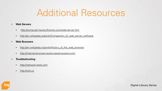 Digital Literacy Series
Additional Resources
• Web Servers
• http://computer.howstuffworks.com/web-server.htm
• http://en....