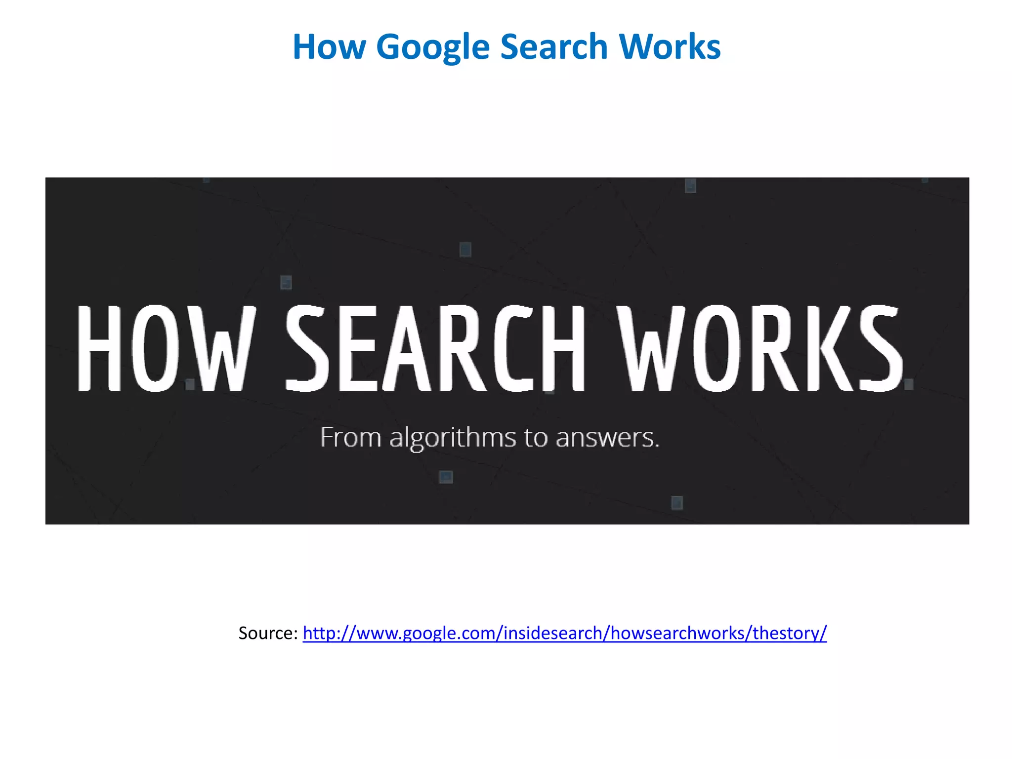 How Google Search Works




Source: http://www.google.com/insidesearch/howsearchworks/thestory/
 