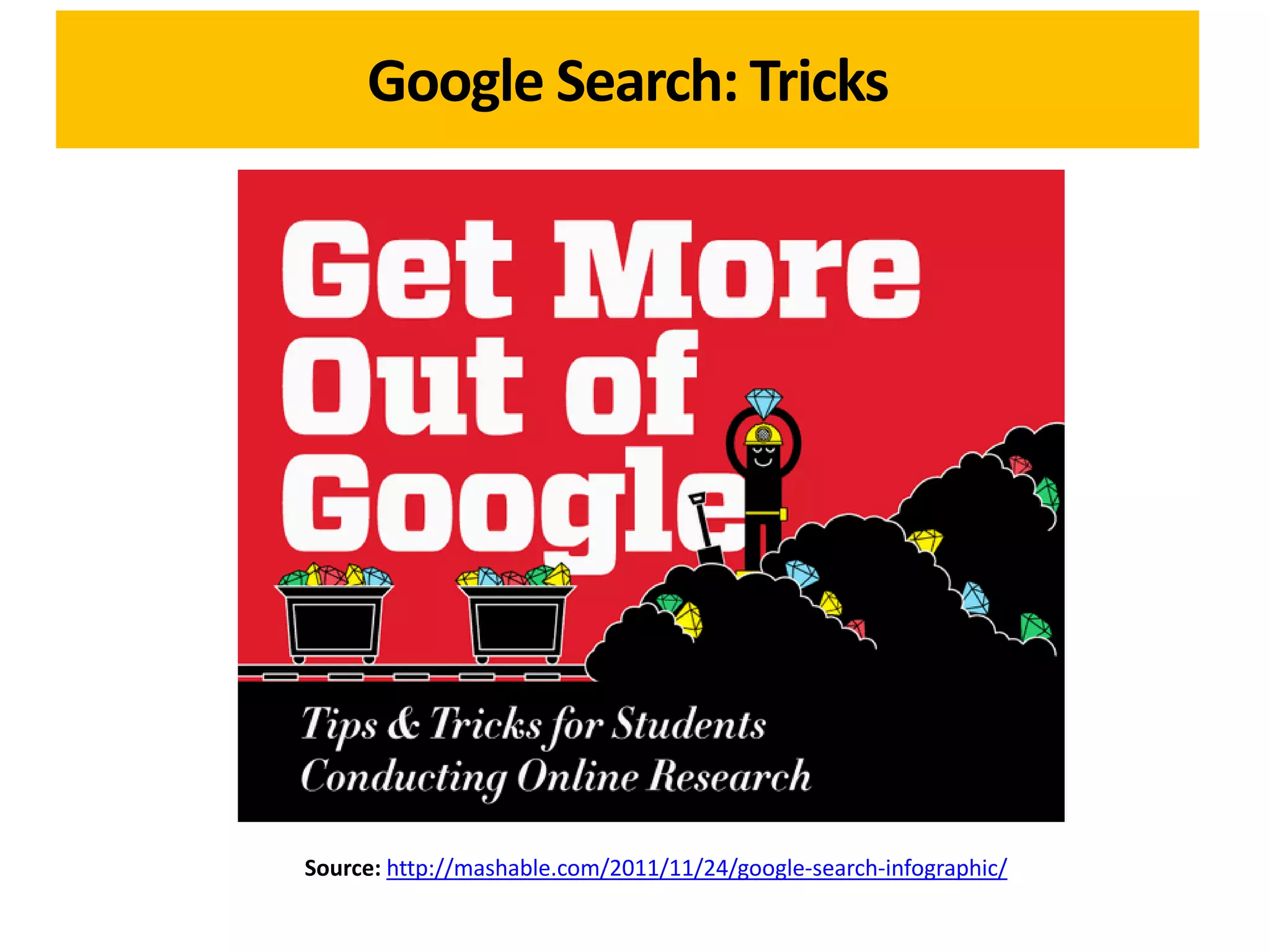 Google Search: Tricks




Source: http://mashable.com/2011/11/24/google-search-infographic/
 
