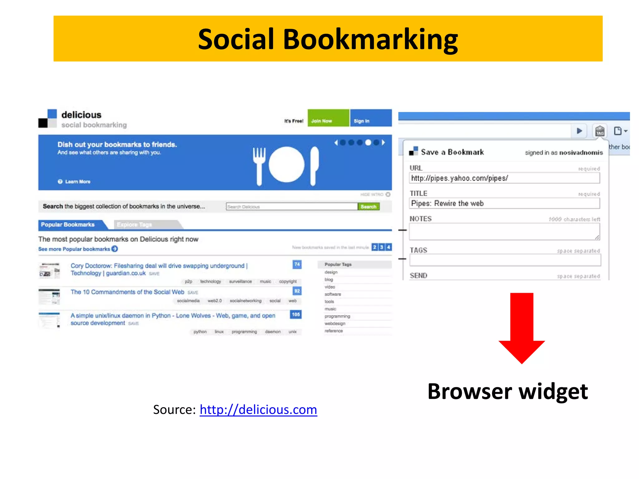 Social Bookmarking




                               Browser widget
Source: http://delicious.com
 