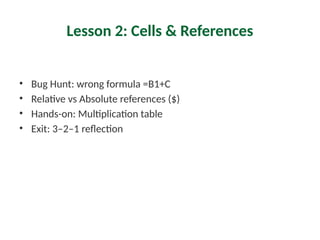 Lesson 2: Cells & References
• Bug Hunt: wrong formula =B1+C
• Relative vs Absolute references ($)
• Hands-on: Multiplication table
• Exit: 3–2–1 reflection
 