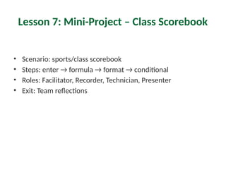 Lesson 7: Mini-Project – Class Scorebook
• Scenario: sports/class scorebook
• Steps: enter → formula → format → conditional
• Roles: Facilitator, Recorder, Technician, Presenter
• Exit: Team reflections
 