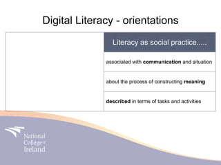 Digital Literacy - orientations
                Literacy as social practice.....

              associated with communication and situation


              about the process of constructing meaning


              described in terms of tasks and activities
 