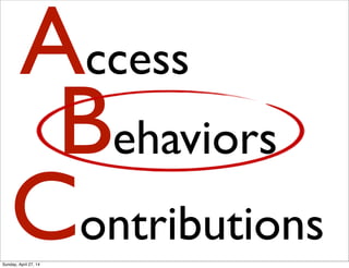 Access
Behaviors
Contributions
Sunday, April 27, 14
 