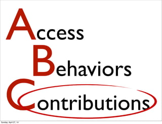 Access
Behaviors
Contributions
Sunday, April 27, 14
 