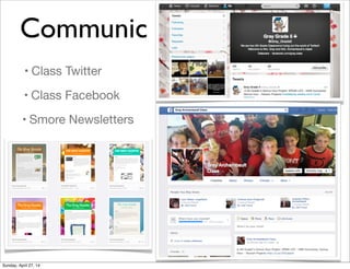 Communic
• Class Twitter
• Class Facebook
• Smore Newsletters
Sunday, April 27, 14
 