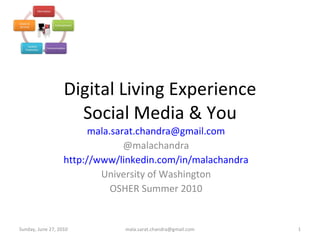 Digital Living Experience Social Media & You [email_address] @malachandra http://www/linkedin.com/in/malachandra University of Washington OSHER Summer 2010 Sunday, June 27, 2010 [email_address] 