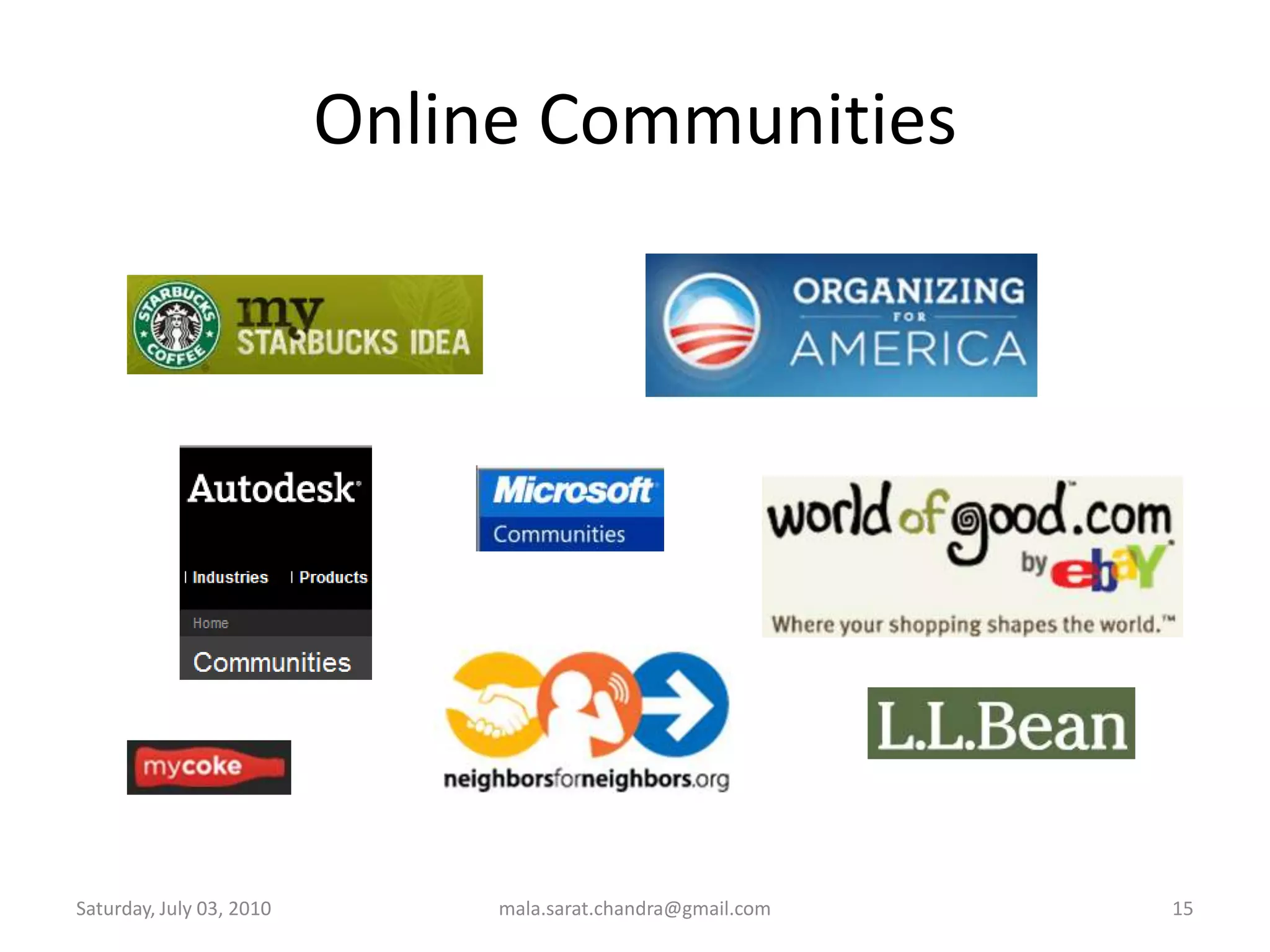 Online CommunitiesWednesday, June 30, 2010mala.sarat.chandra@gmail.com15