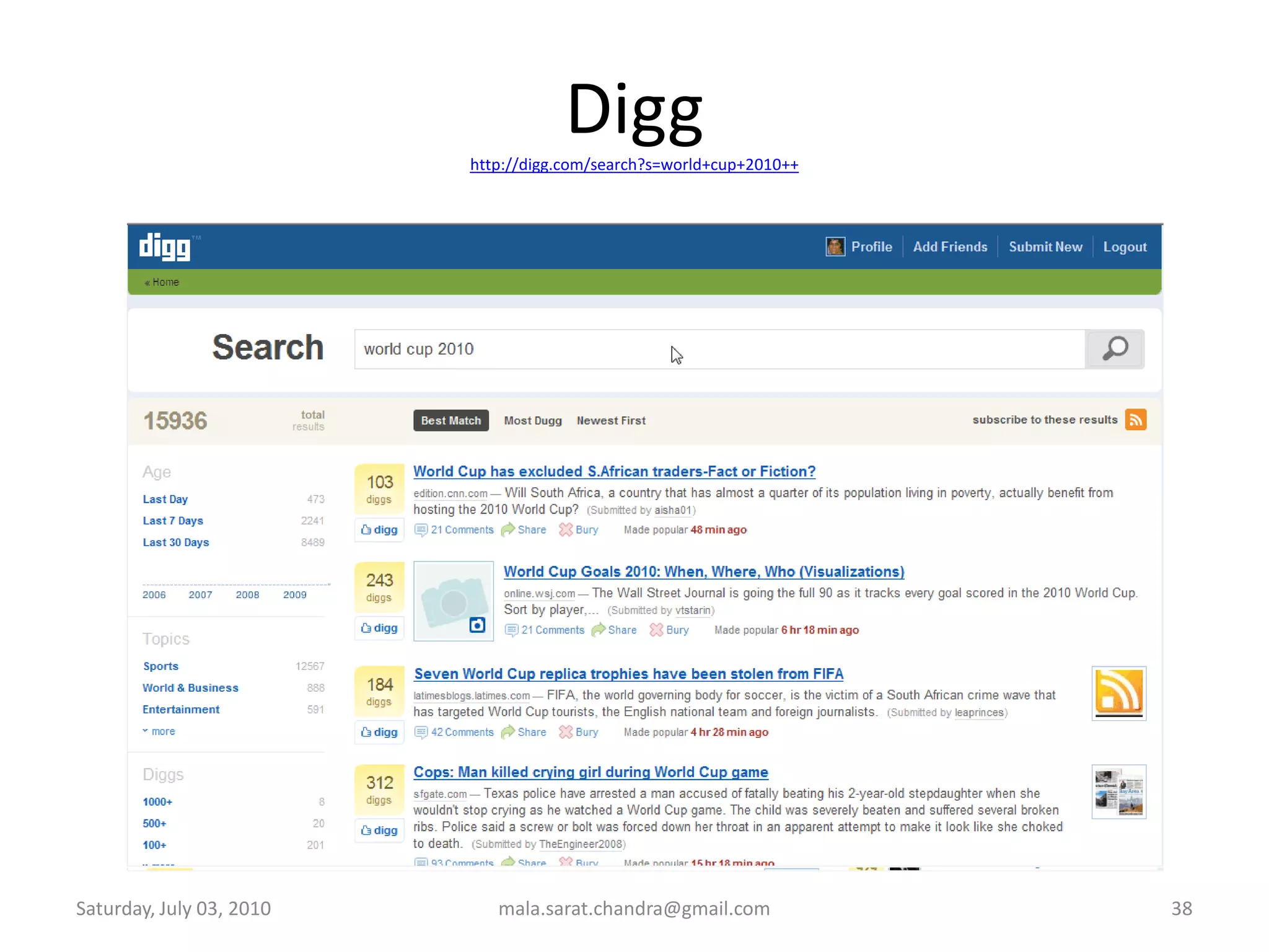 Top Social Bookmarking Sites Wednesday, June 30, 2010mala.sarat.chandra@gmail.com34http://www.ebizmba.com/articles/social-bookmarking-websitesNot all these sites are strictly social bookmarking sites. Some are content discovery sites with bookmarking features.