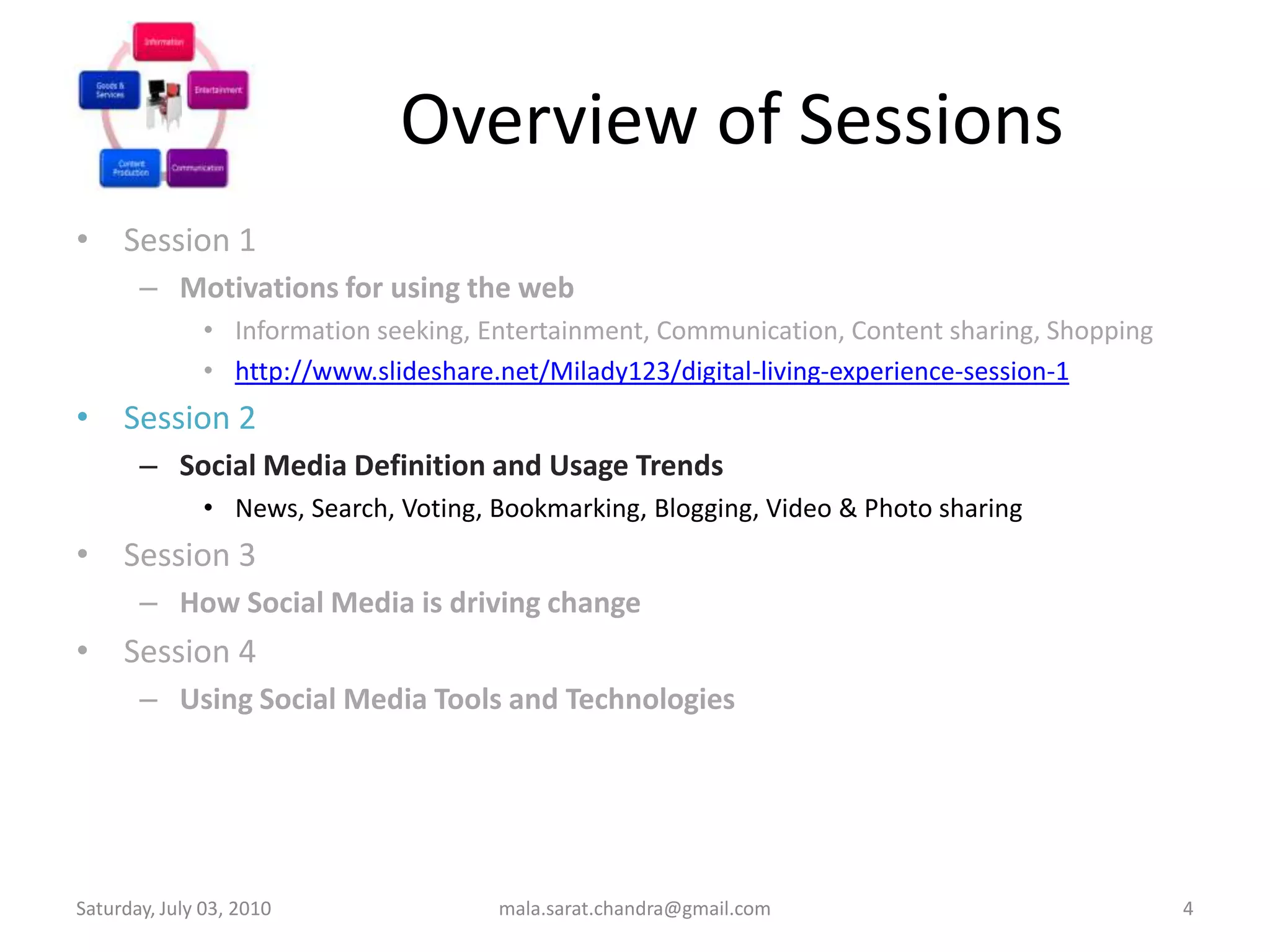            Overview of SessionsSession 1Motivations for using the webInformation seeking, Entertainment, Communication, Content sharing, Shoppinghttp://www.slideshare.net/Milady123/digital-living-experience-session-1Session 2Social Media Definition and Usage TrendsNews, Search, Voting, Bookmarking, Blogging, Video & Photo sharingSession 3How Social Media is driving changeSession 4Using Social Media Tools and TechnologiesWednesday, June 30, 2010mala.sarat.chandra@gmail.com4