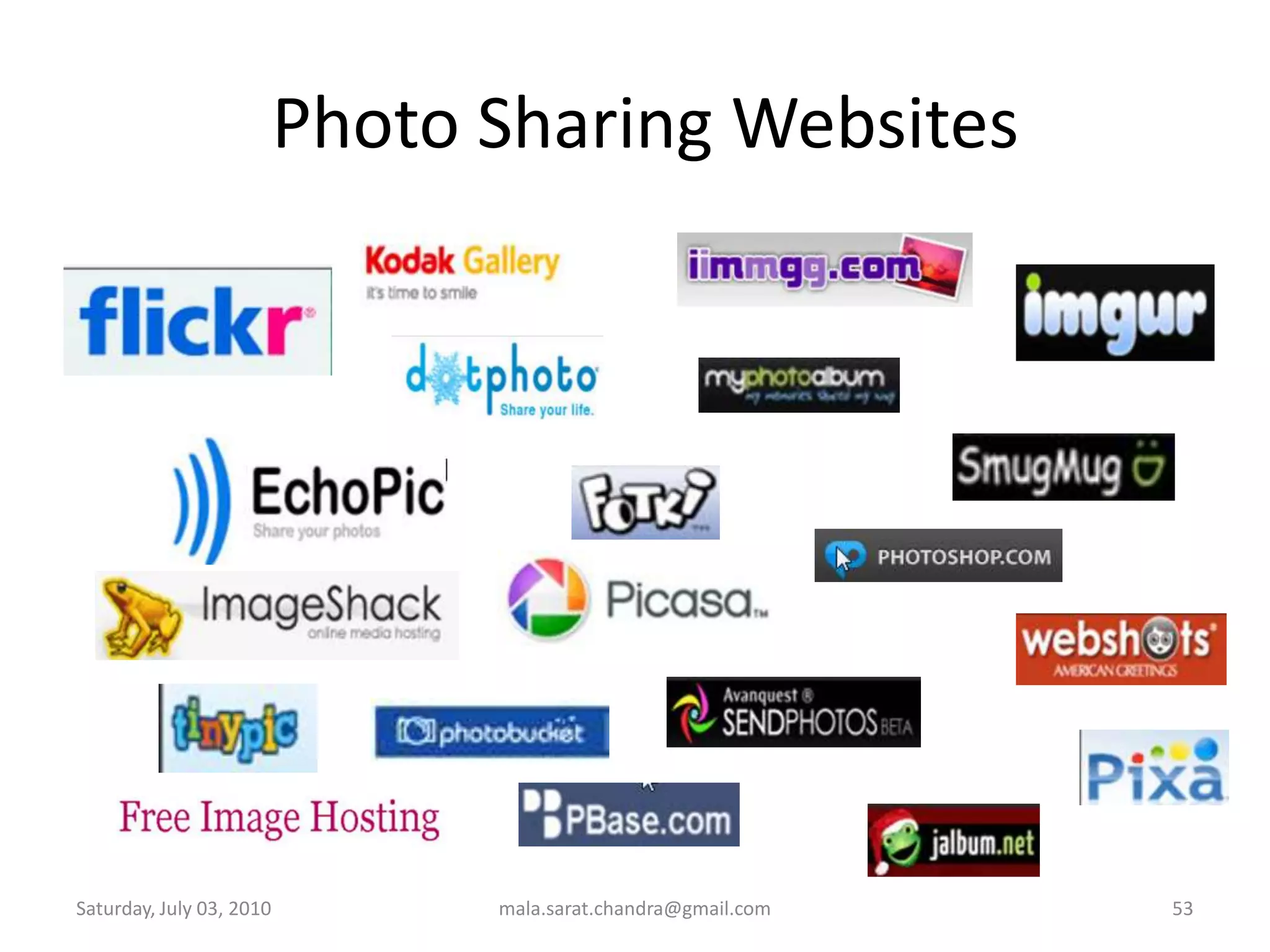 User Generated Content (UGC)Upload Photos and Videos Write BlogsCreate and publish PodcastsCreate and upload mashupsCollaborate with others on content productionWednesday, June 30, 2010mala.sarat.chandra@gmail.com44