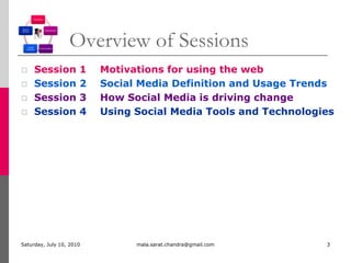          Overview of SessionsSession 1Session 2Session 3Session 4Motivations for using the webSocial Media Definition and Usage TrendsHow Social Media is driving changeUsing Social Media Tools and TechnologiesMonday, July 05, 2010mala.sarat.chandra@gmail.com3