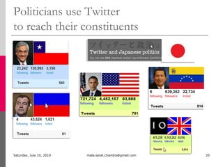 Hyper-local NewsFounded in January 2006 by Tracy Record and Patrick SandOriginal news reporting with 30% community contributions in blog formatDisplay ad supportedSunday, July 04, 2010mala.sarat.chandra@gmail.com27http://siteanalytics.compete.com/westseattleblog.com/http://westseattleblog.com/