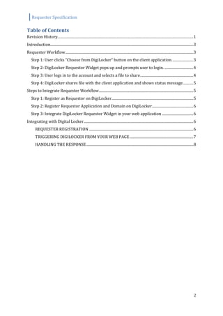 Requester Specification
2
Table of Contents
Revision History.......................................................................................................................................................1
Introduction...............................................................................................................................................................3
Requester Workflow..............................................................................................................................................3
Step 1: User clicks “Choose from DigiLocker” button on the client application........................3
Step 2: DigiLocker Requestor Widget pops up and prompts user to login. ................................4
Step 3: User logs in to the account and selects a file to share...........................................................4
Step 4: DigiLocker shares file with the client application and shows status message............5
Steps to Integrate Requester Workflow.........................................................................................................5
Step 1: Register as Requestor on DigiLocker...........................................................................................5
Step 2: Register Requestor Application and Domain on DigiLocker..............................................6
Step 3: Integrate DigiLocker Requestor Widget in your web application ...................................6
Integrating with Digital Locker..........................................................................................................................6
REQUESTER REGISTRATION ....................................................................................................................6
TRIGGERING DIGILOCKER FROM YOUR WEB PAGE.......................................................................7
HANDLING THE RESPONSE.......................................................................................................................8
 