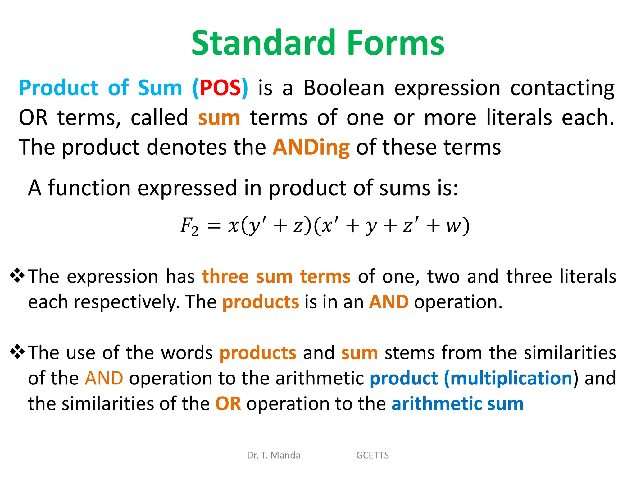 Standard Forms
Dr. T. Mandal GCETTS
Product of Sum (POS) is a Boolean expression contacting
OR terms, called sum terms of one or more literals each.
The product denotes the ANDing of these terms
A function expressed in product of sums is:
𝐹2 = 𝑥 𝑦′ + 𝑧 (𝑥′ + 𝑦 + 𝑧′ + 𝑤)
The expression has three sum terms of one, two and three literals
each respectively. The products is in an AND operation.
The use of the words products and sum stems from the similarities
of the AND operation to the arithmetic product (multiplication) and
the similarities of the OR operation to the arithmetic sum
 
