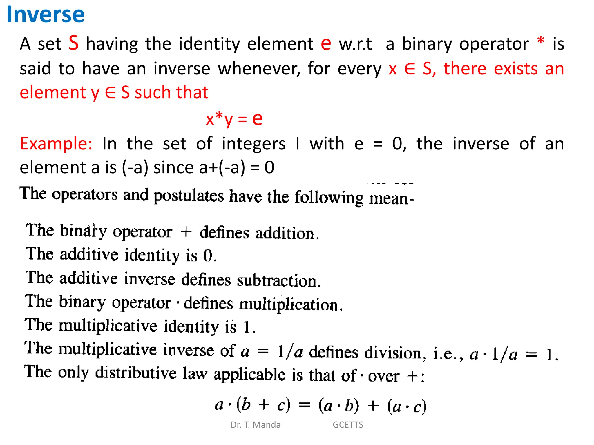 Dr. T. Mandal GCETTS
Inverse
A set S having the identity element e w.r.t a binary operator * is
said to have an inverse whenever, for every x ∈ S, there exists an
element y ∈ S such that
x*y = e
Example: In the set of integers I with e = 0, the inverse of an
element a is (-a) since a+(-a) = 0
 