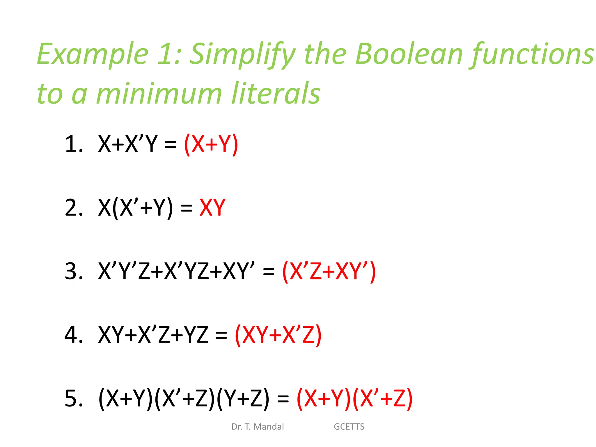 Example 1: Simplify the Boolean functions
to a minimum literals
1. X+X’Y = (X+Y)
2. X(X’+Y) = XY
3. X’Y’Z+X’YZ+XY’ = (X’Z+XY’)
4. XY+X’Z+YZ = (XY+X’Z)
5. (X+Y)(X’+Z)(Y+Z) = (X+Y)(X’+Z)
Dr. T. Mandal GCETTS
 