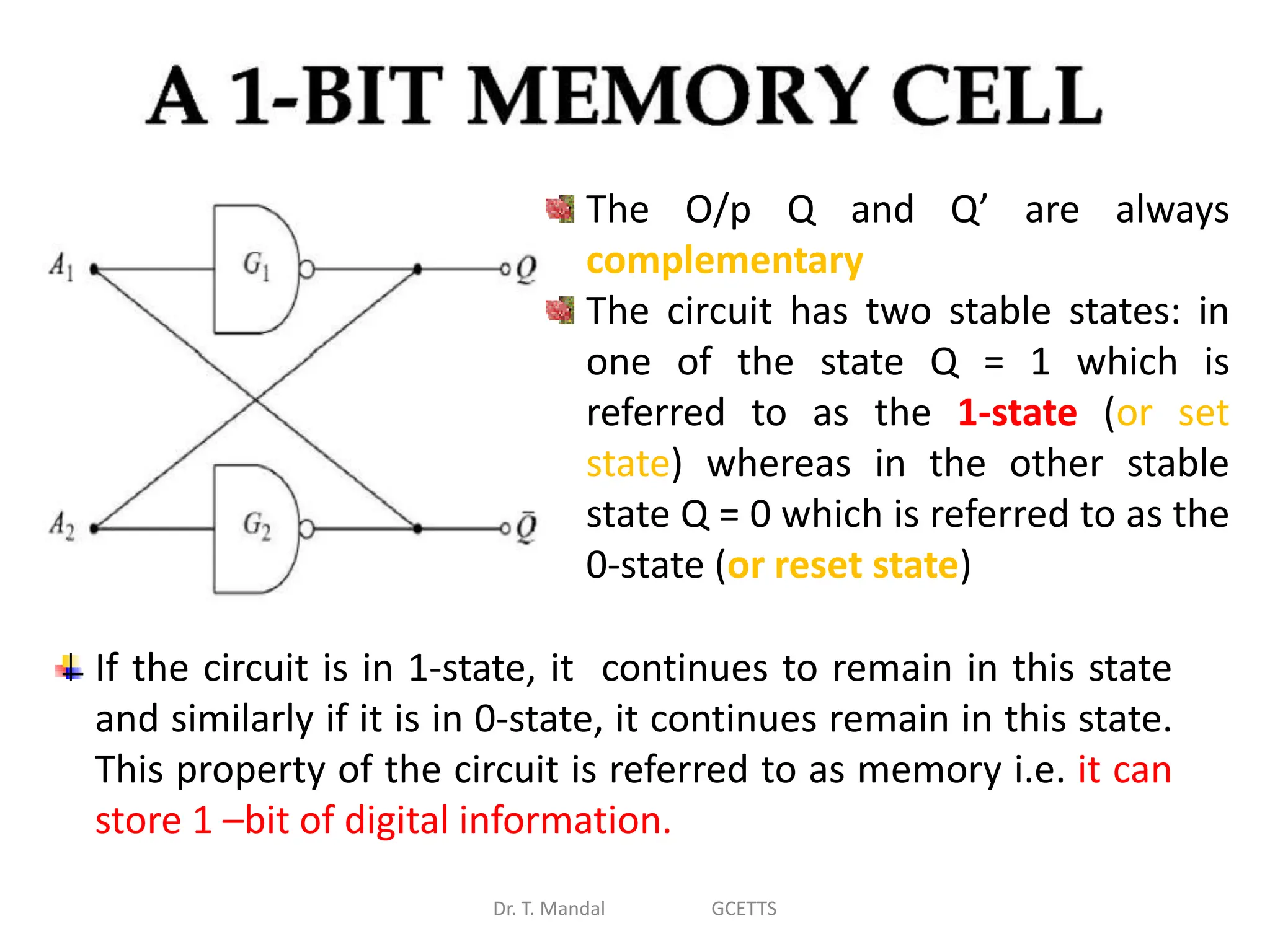 Dr. T. Mandal GCETTS
The O/p Q and Q’ are always
complementary
The circuit has two stable states: in
one of the state Q = 1 which is
referred to as the 1-state (or set
state) whereas in the other stable
state Q = 0 which is referred to as the
0-state (or reset state)
If the circuit is in 1-state, it continues to remain in this state
and similarly if it is in 0-state, it continues remain in this state.
This property of the circuit is referred to as memory i.e. it can
store 1 –bit of digital information.
 