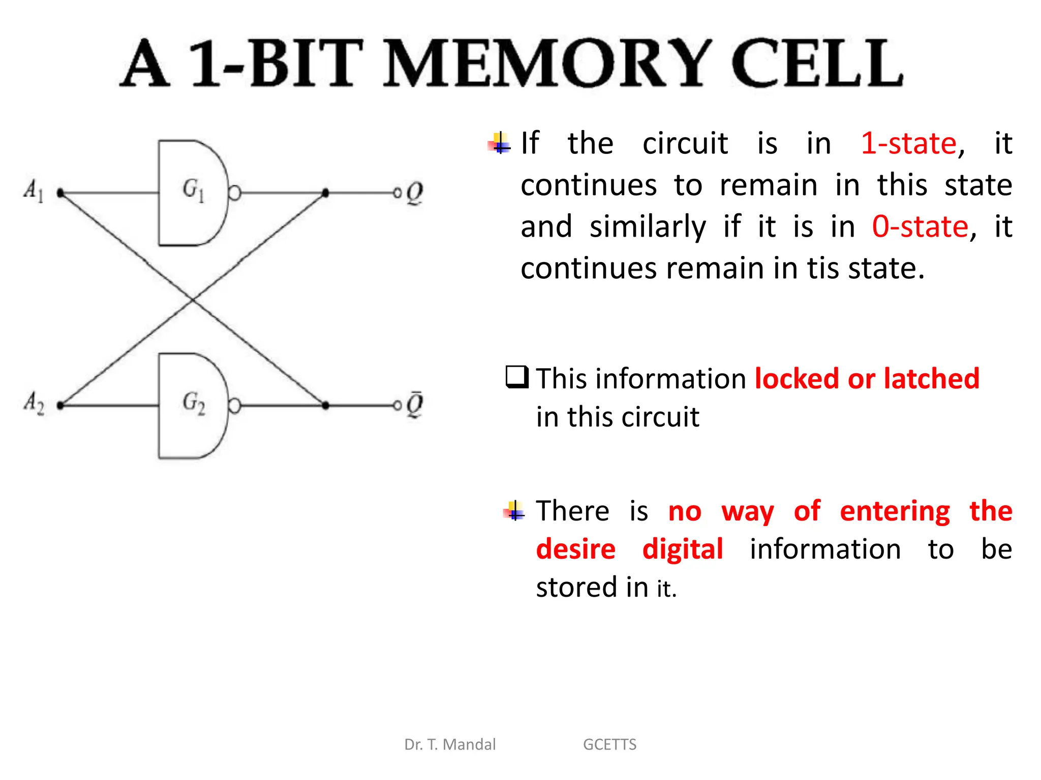 Dr. T. Mandal GCETTS
If the circuit is in 1-state, it
continues to remain in this state
and similarly if it is in 0-state, it
continues remain in tis state.
This information locked or latched
in this circuit
There is no way of entering the
desire digital information to be
stored in it.
 