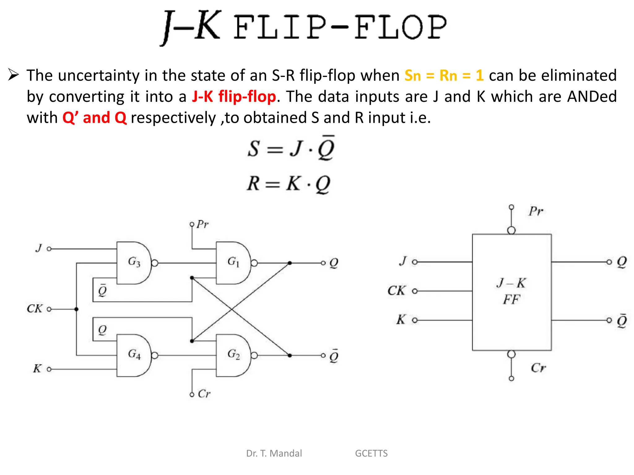 Dr. T. Mandal GCETTS
 The uncertainty in the state of an S-R flip-flop when Sn = Rn = 1 can be eliminated
by converting it into a J-K flip-flop. The data inputs are J and K which are ANDed
with Q’ and Q respectively ,to obtained S and R input i.e.
 