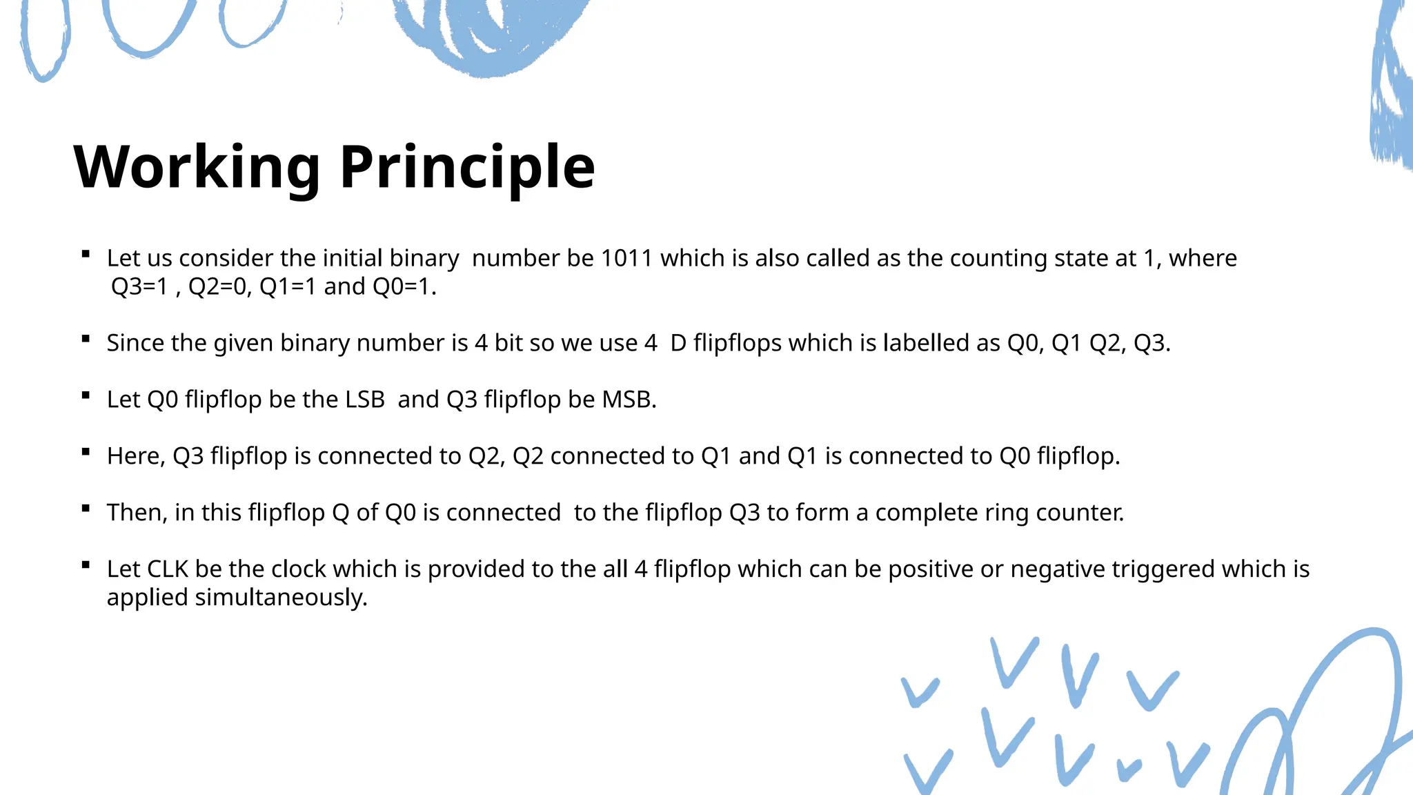 Working Principle
 Let us consider the initial binary number be 1011 which is also called as the counting state at 1, where
Q3=1 , Q2=0, Q1=1 and Q0=1.
 Since the given binary number is 4 bit so we use 4 D flipflops which is labelled as Q0, Q1 Q2, Q3.
 Let Q0 flipflop be the LSB and Q3 flipflop be MSB.
 Here, Q3 flipflop is connected to Q2, Q2 connected to Q1 and Q1 is connected to Q0 flipflop.
 Then, in this flipflop Q of Q0 is connected to the flipflop Q3 to form a complete ring counter.
 Let CLK be the clock which is provided to the all 4 flipflop which can be positive or negative triggered which is
applied simultaneously.
 