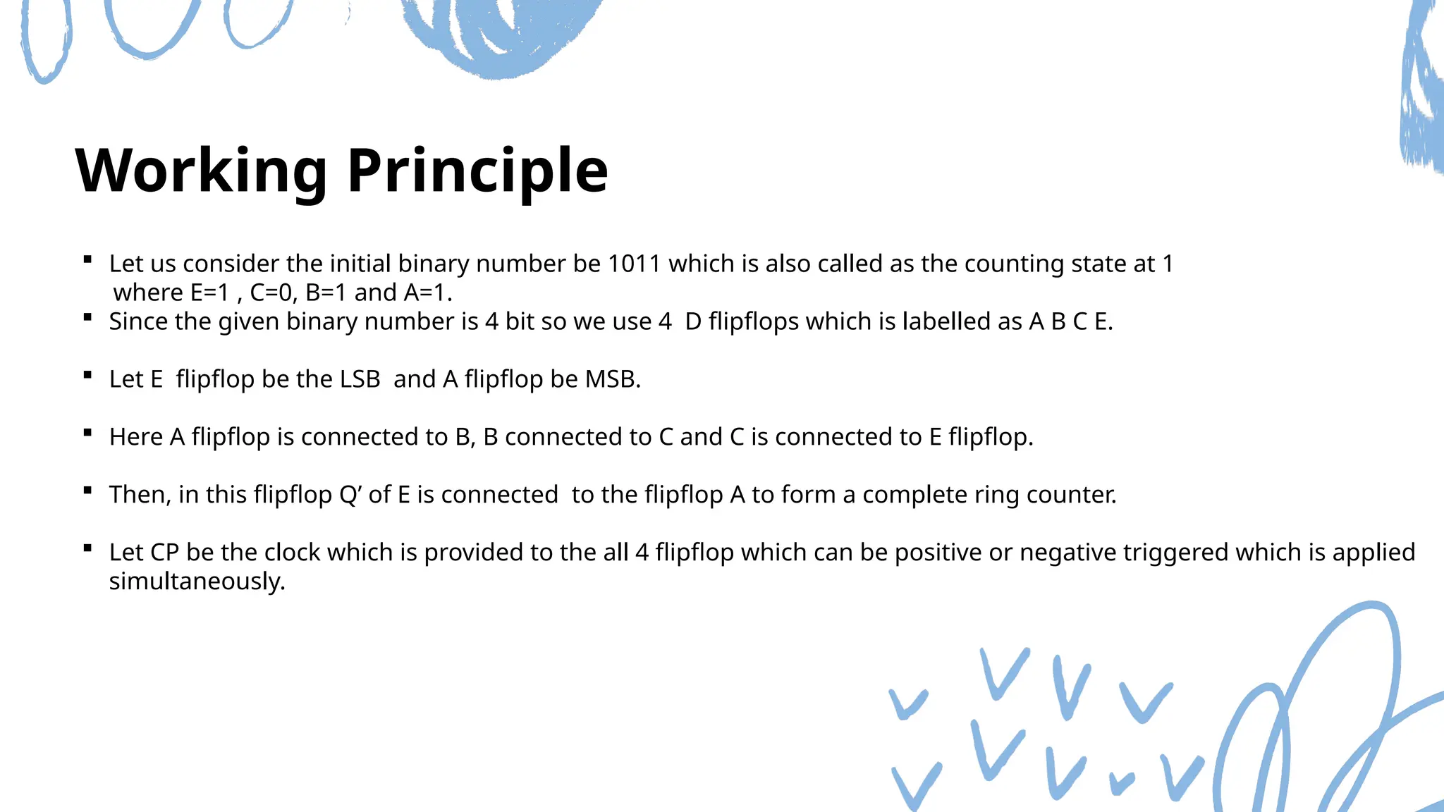Working Principle
 Let us consider the initial binary number be 1011 which is also called as the counting state at 1
where E=1 , C=0, B=1 and A=1.
 Since the given binary number is 4 bit so we use 4 D flipflops which is labelled as A B C E.
 Let E flipflop be the LSB and A flipflop be MSB.
 Here A flipflop is connected to B, B connected to C and C is connected to E flipflop.
 Then, in this flipflop Q’ of E is connected to the flipflop A to form a complete ring counter.
 Let CP be the clock which is provided to the all 4 flipflop which can be positive or negative triggered which is applied
simultaneously.
 
