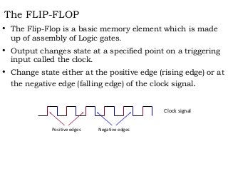 The FLIP-FLOP
• The Flip-Flop is a basic memory element which is made
up of assembly of Logic gates.
• Output changes state at a specified point on a triggering
input called the clock.
• Change state either at the positive edge (rising edge) or at
the negative edge (falling edge) of the clock signal.
Positive edges Negative edges
Clock signal
 