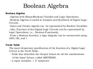 Boolean Algebra
Boolean Algebra
-Algebra with Binary(Boolean) Variable and Logic Operations.
-Boolean Algebra is useful in Analysis and Synthesis of Digital Logic
Circuits.
-Input and Output signals can be represented by Boolean Variables.
-Also, Function of the Digital Logic Circuits can be represented by
Logic Operations, i.e., Boolean Function(s).
-From a Boolean function, a logic diagram can be constructed using
AND, OR, and I .
Truth Table
The most elementary specification of the function of a Digital Logic
Circuit is the Truth Table.
- Table that describes the Output Values for all the combinations
of the Input Values, called MINTERMS.
- n input variables → 2n minterms
 