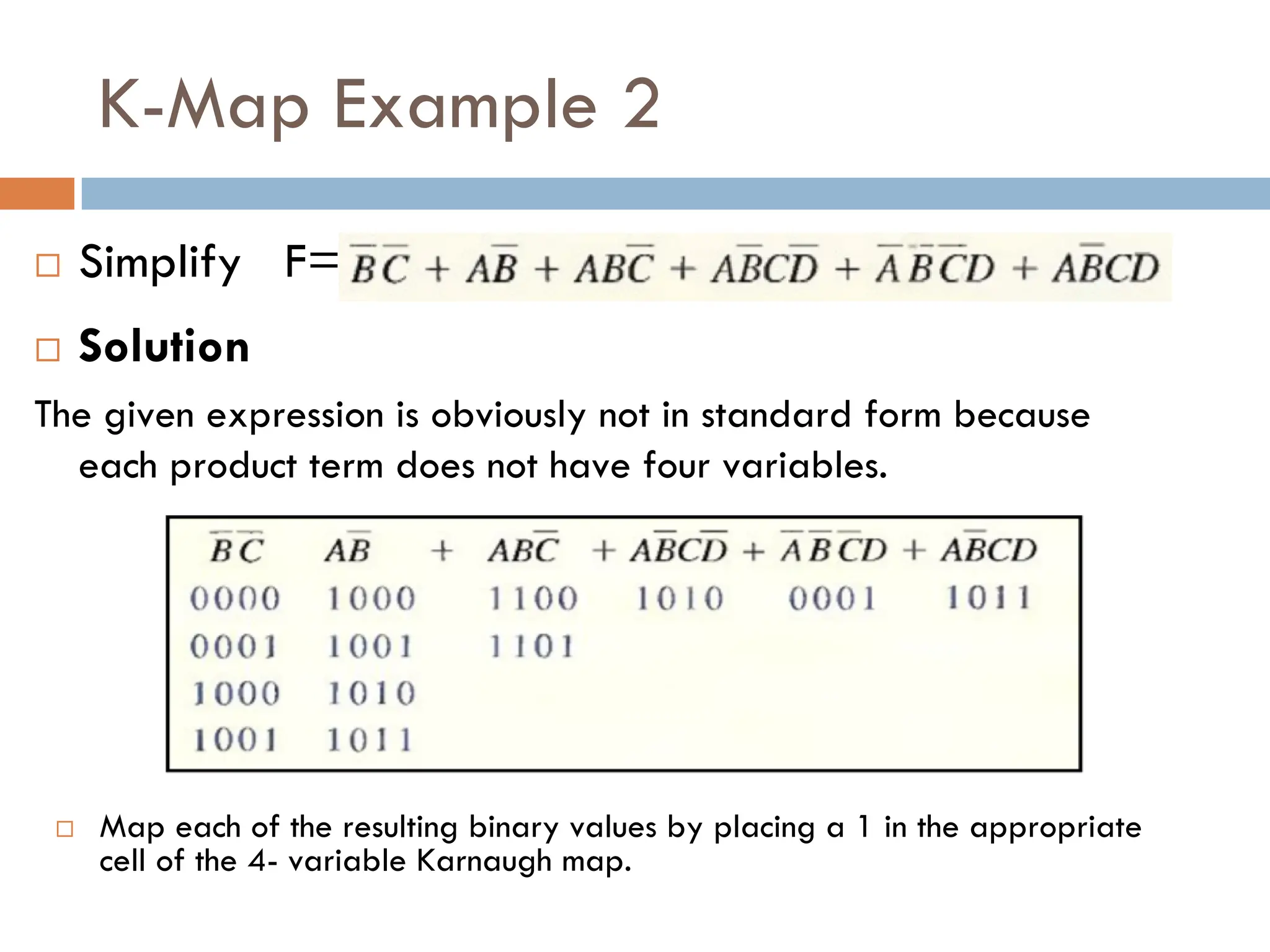 K-Map Example 2
 Simplify F=
 Solution
The given expression is obviously not in standard form because
each product term does not have four variables.
 Map each of the resulting binary values by placing a 1 in the appropriate
cell of the 4- variable Karnaugh map.
 