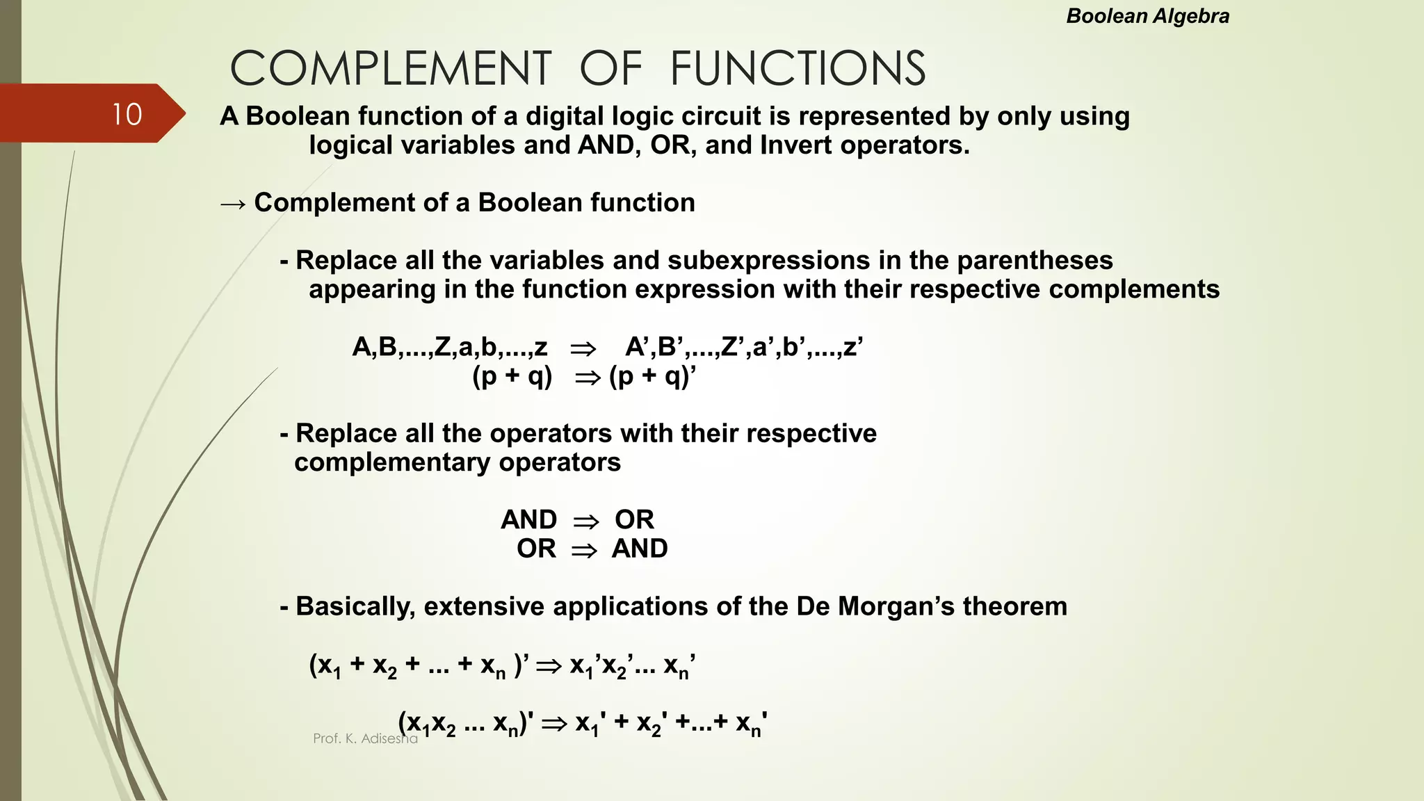 COMPLEMENT OF FUNCTIONS
A Boolean function of a digital logic circuit is represented by only using
logical variables and AND, OR, and Invert operators.
→ Complement of a Boolean function
- Replace all the variables and subexpressions in the parentheses
appearing in the function expression with their respective complements
A,B,...,Z,a,b,...,z  A’,B’,...,Z’,a’,b’,...,z’
(p + q)  (p + q)’
- Replace all the operators with their respective
complementary operators
AND  OR
OR  AND
- Basically, extensive applications of the De Morgan’s theorem
(x1 + x2 + ... + xn )’  x1’x2’... xn’
(x1x2 ... xn)'  x1' + x2' +...+ xn'
Boolean Algebra
Prof. K. Adisesha
10
 