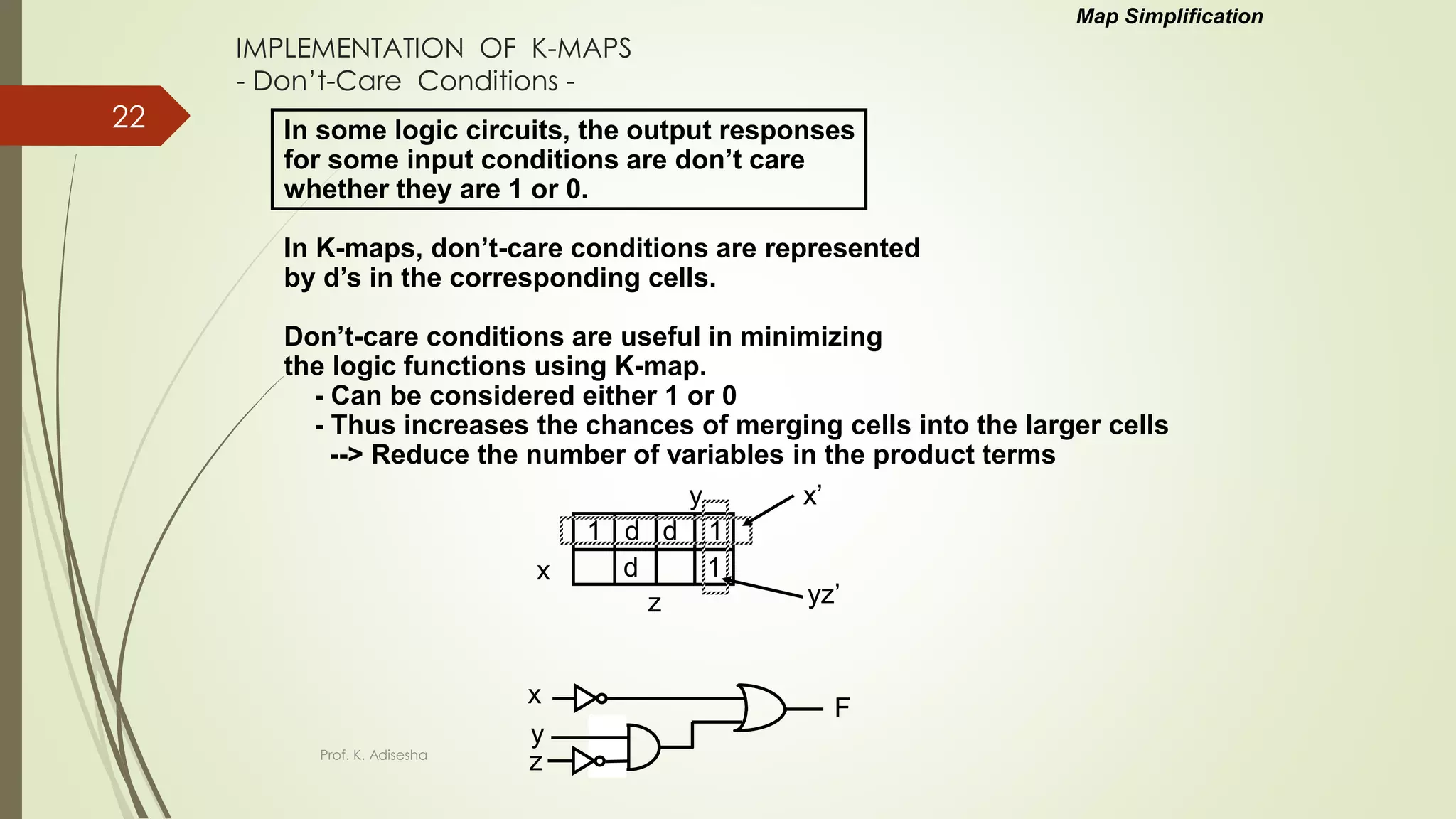 IMPLEMENTATION OF K-MAPS
- Don’t-Care Conditions -
In some logic circuits, the output responses
for some input conditions are don’t care
whether they are 1 or 0.
In K-maps, don’t-care conditions are represented
by d’s in the corresponding cells.
Don’t-care conditions are useful in minimizing
the logic functions using K-map.
- Can be considered either 1 or 0
- Thus increases the chances of merging cells into the larger cells
--> Reduce the number of variables in the product terms
x
y
z
1 d d 1
d 1
x’
yz’
x
y
z
F
Map Simplification
Prof. K. Adisesha
22
 