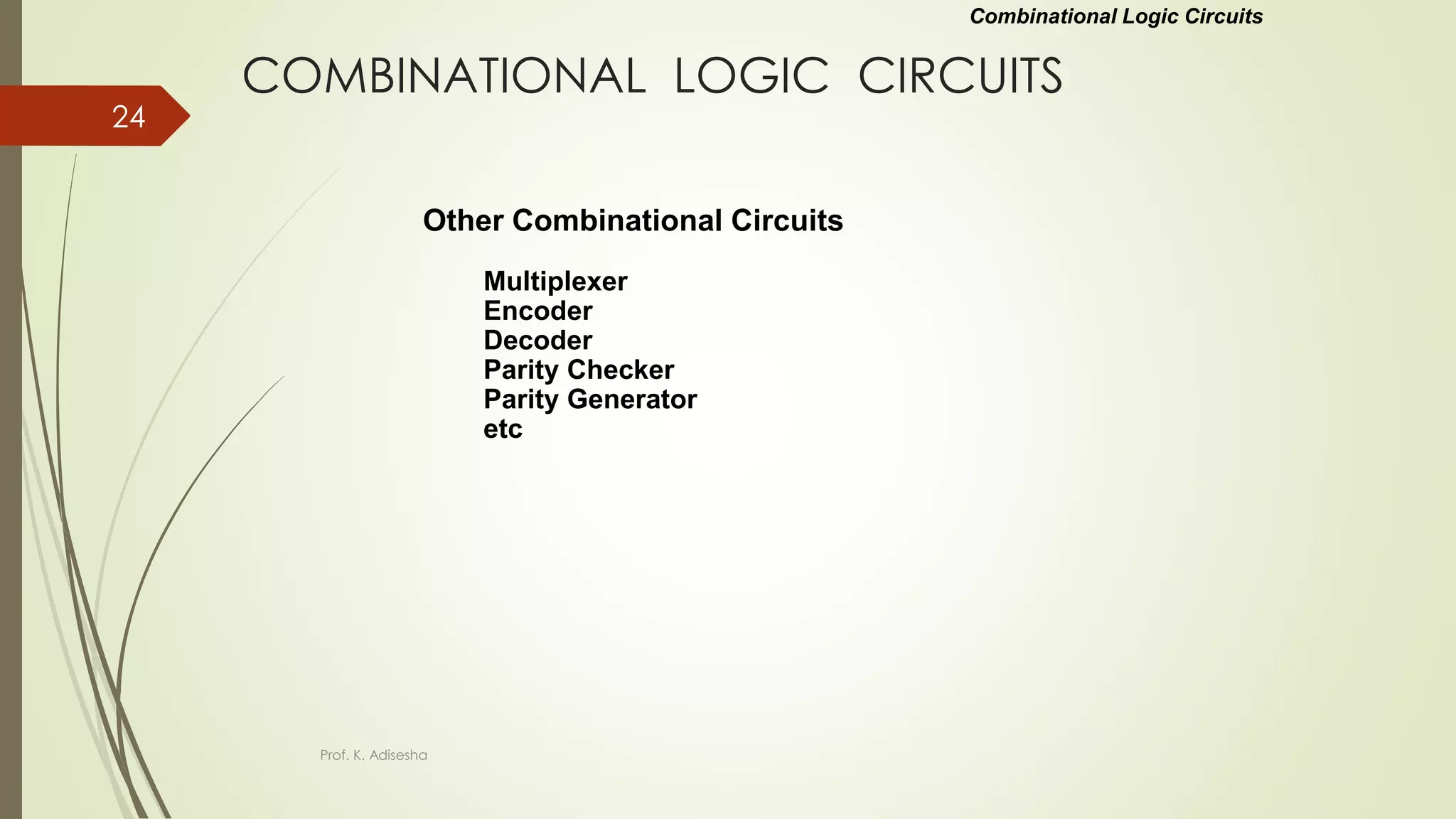COMBINATIONAL LOGIC CIRCUITS
Other Combinational Circuits
Multiplexer
Encoder
Decoder
Parity Checker
Parity Generator
etc
Combinational Logic Circuits
Prof. K. Adisesha
24
 