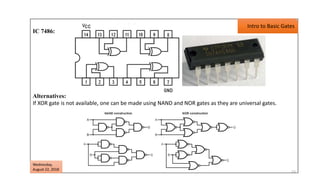 15
IC 7486:
Alternatives:
If XOR gate is not available, one can be made using NAND and NOR gates as they are universal gates.
Wednesday,
August 22, 2018
Intro to Basic Gates
 