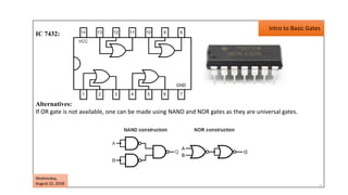 7
IC 7432:
Alternatives:
If OR gate is not available, one can be made using NAND and NOR gates as they are universal gates.
Wednesday,
August 22, 2018
Intro to Basic Gates
 