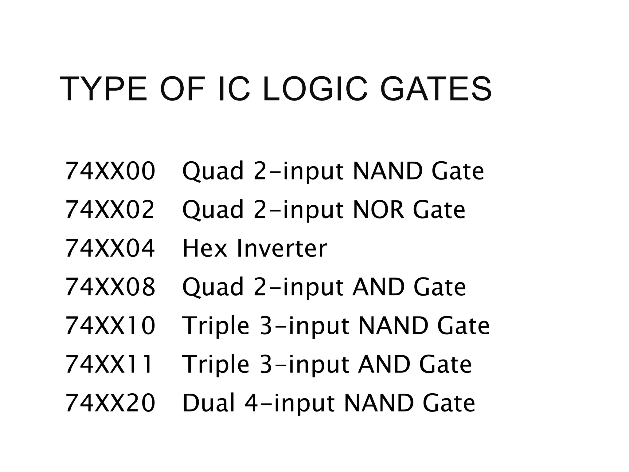 TYPE OF IC LOGIC GATES
74XX00 Quad 2-input NAND Gate
74XX02 Quad 2-input NOR Gate
74XX04 Hex Inverter
74XX08 Quad 2-input AND Gate
74XX10 Triple 3-input NAND Gate
74XX11 Triple 3-input AND Gate
74XX20 Dual 4-input NAND Gate
 