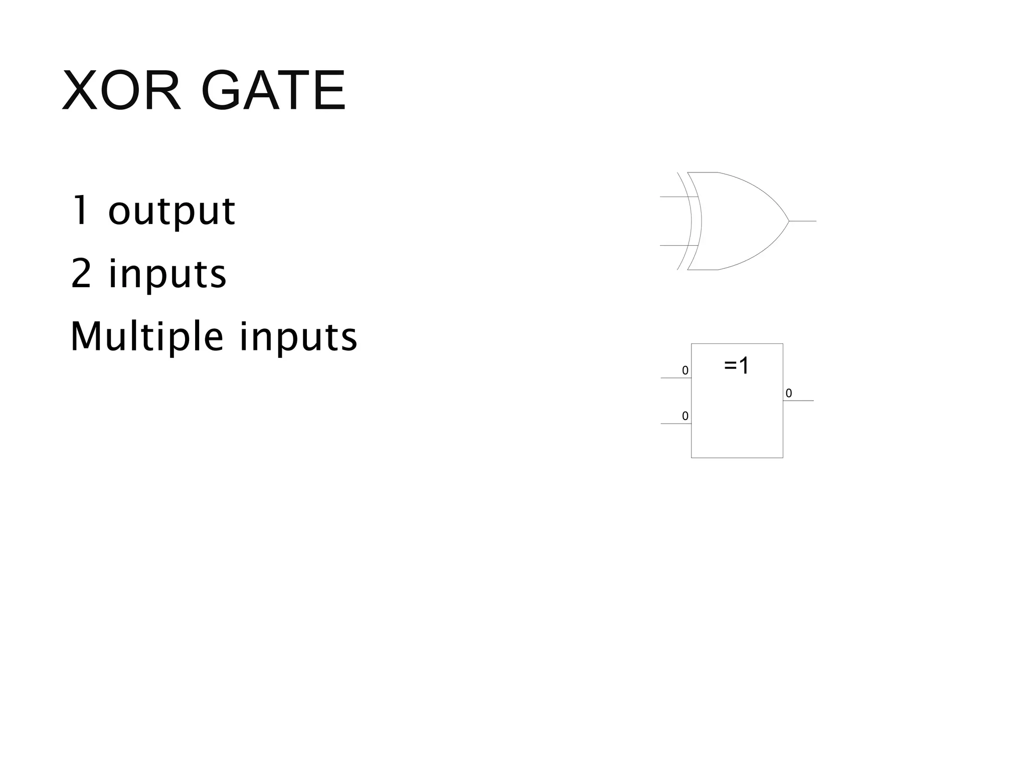 XOR GATE
1 output
2 inputs
Multiple inputs
=10
0
0
 