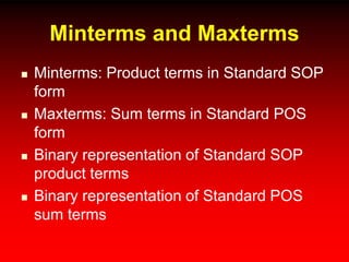 Minterms and Maxterms
 Minterms: Product terms in Standard SOP
form
 Maxterms: Sum terms in Standard POS
form
 Binary representation of Standard SOP
product terms
 Binary representation of Standard POS
sum terms
 