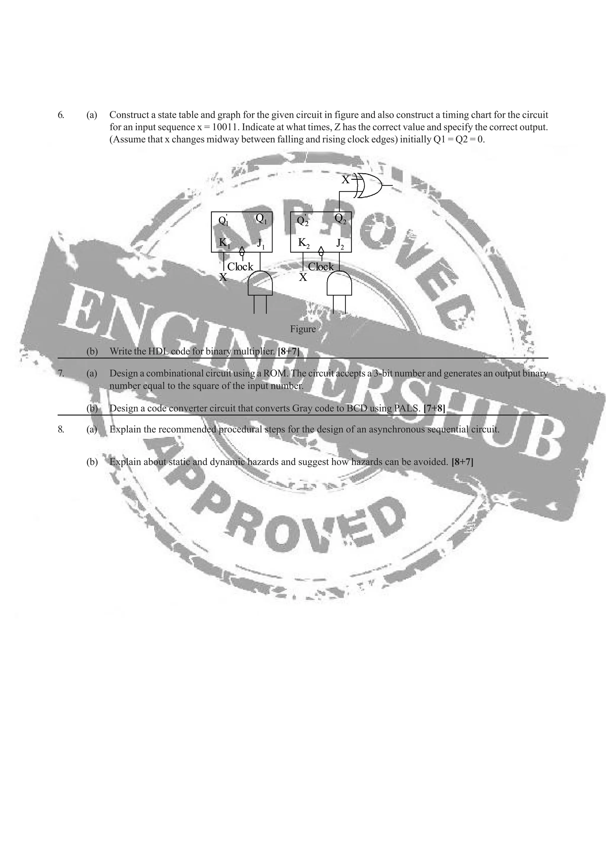6. (a) Construct a state table and graph for the given circuit in figure and also construct a timing chart for the circuit
for an input sequence x = 10011. Indicate at what times, Z has the correct value and specify the correct output.
(Assume that x changes midway between falling and rising clock edges) initially Q1 = Q2 = 0.
K1 J1
Q1
'
1Q
K2 J2
Q2
'
2Q
X
Clock
X
Clock
X
K1 J1
Q1
'
1Q
K2 J2
Q2
'
2Q
X
Clock
X
Clock
X
Figure
7. (a) Design a combinational circuit using a ROM. The circuit accepts a 3-bit number and generates an output binary
number equal to the square of the input number.
8. (a) Explain the recommended procedural steps for the design of an asynchronous sequential circuit.
(b) Explain about static and dynamic hazards and suggest how hazards can be avoided. [8+7]
(b) Write the HDL code for binary multiplier. [8+7]
(b) Design a code converter circuit that converts Gray code to BCD using PALS. [7+8]
 